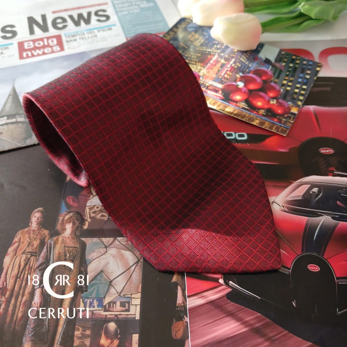 세루티 1881 실크 버건디 체크 넥타이 10.1cm A등급 A18825 상품이미지1