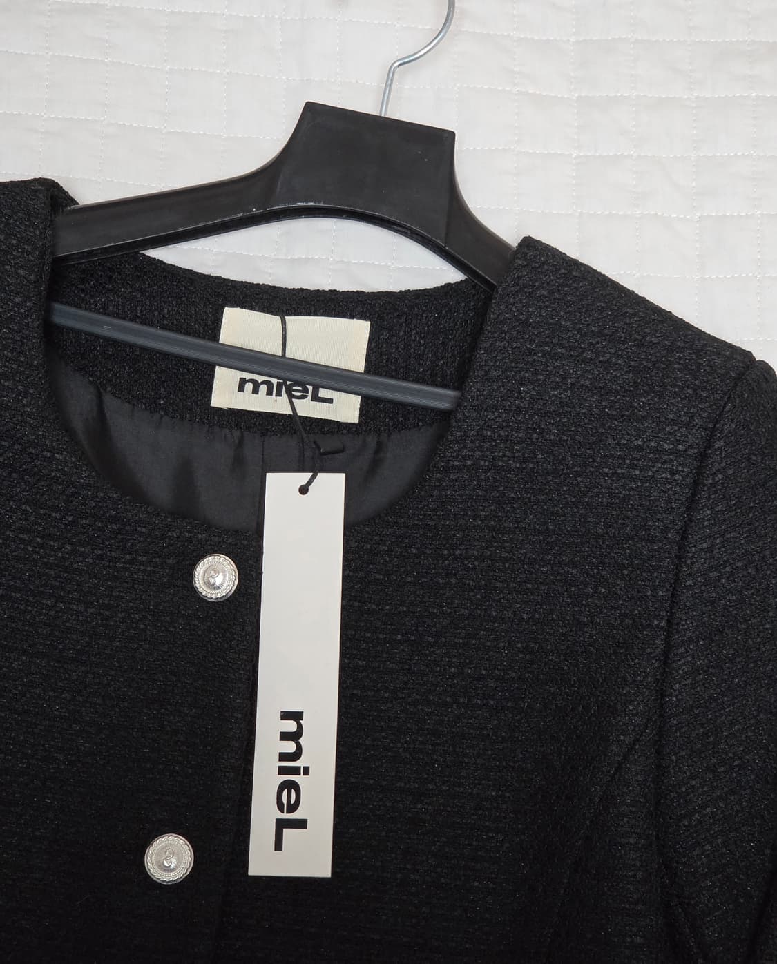 택달린새상품) 미엘 miel 브레스자켓 블랙 노카라 7부 숏 트위드 상품이미지6