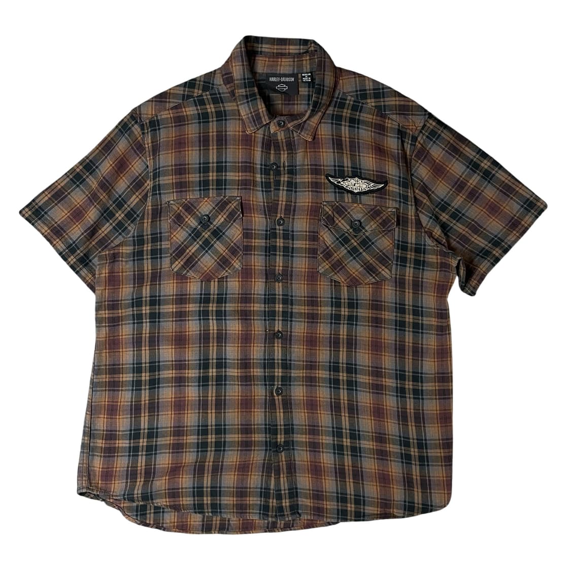 할리데이비슨 블랙 브라운 옐로우 체크 배색 투포켓 반팔 셔츠 XL 상품이미지1