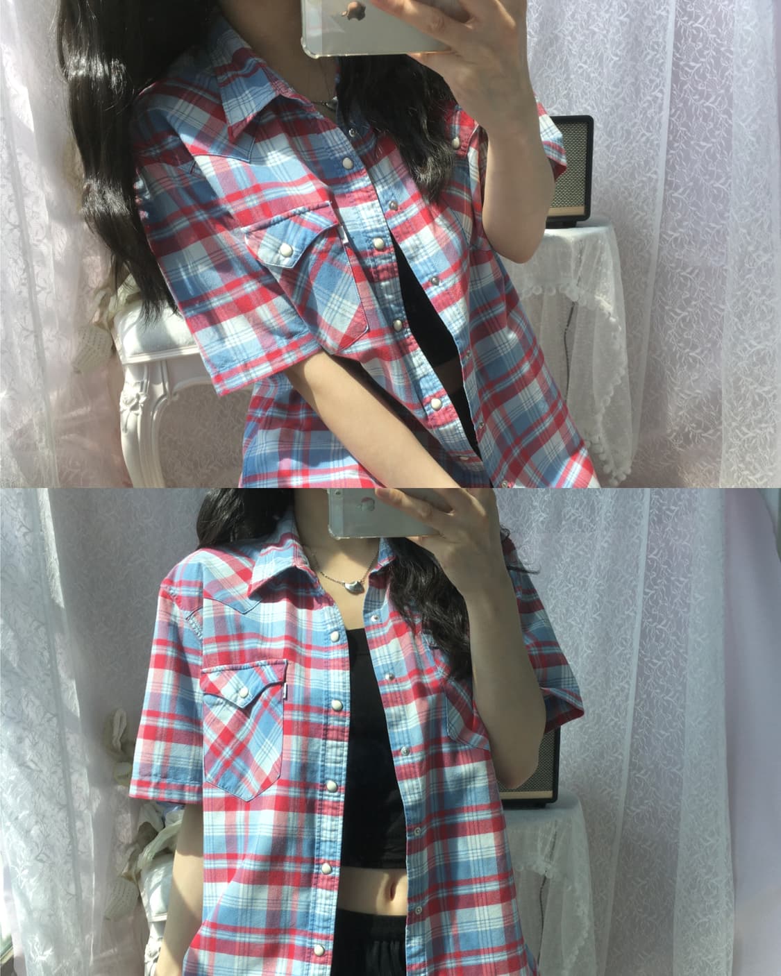 Levis baby blue red check half shirt 상품이미지2
