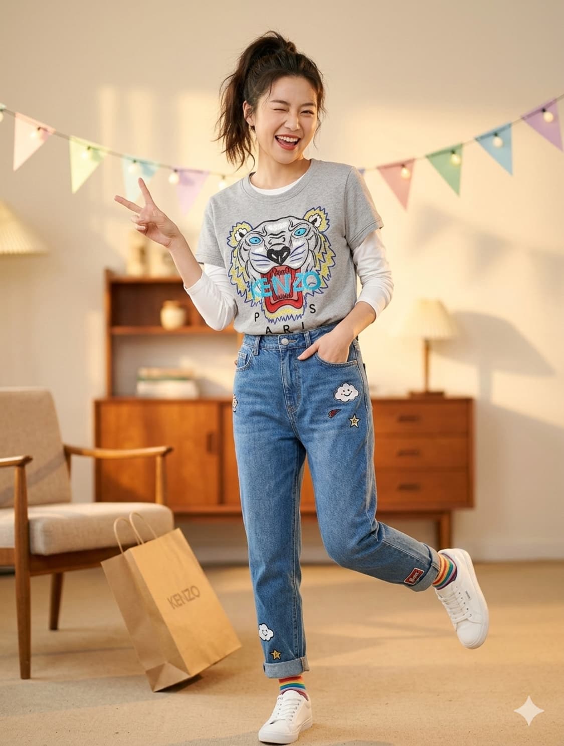 타이거 자수 반팔 여성 티셔츠 상품이미지1