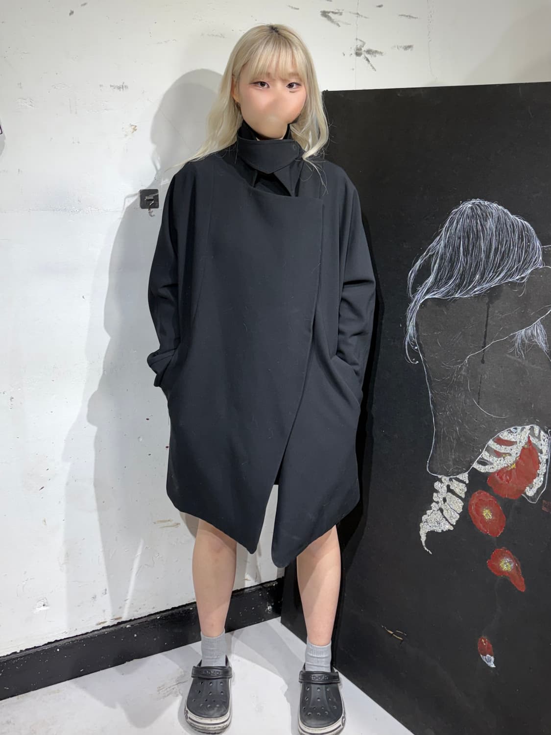 빈티지 비대칭 드레이핑 하이넥 블랙 아방가르드 코트  상품이미지2