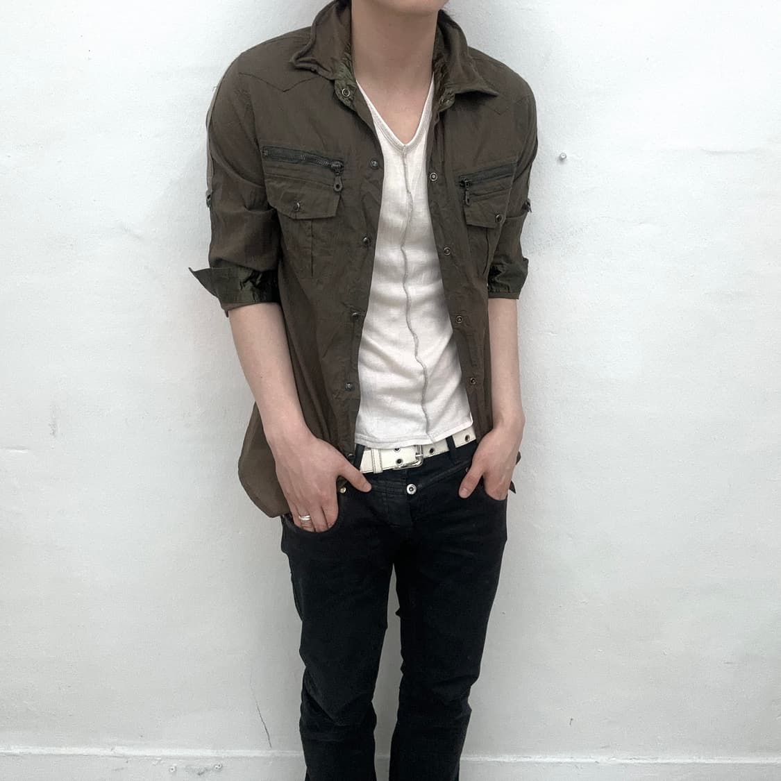 Khaki brown grunge short shirts 상품이미지1