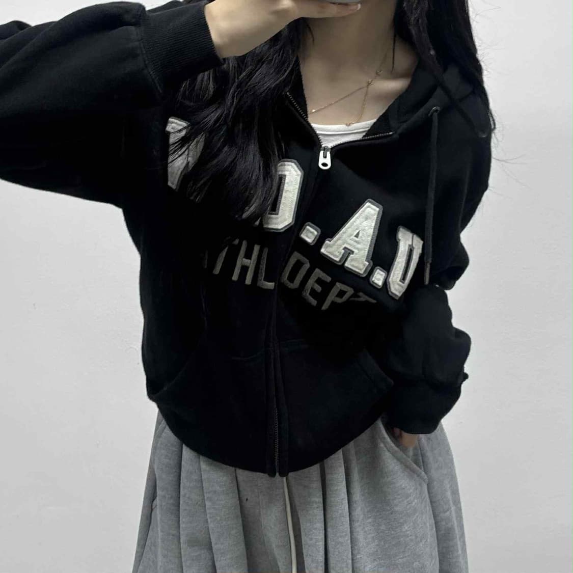 후아유 y2k 블랙 아치로고 스웻 후드집업 희귀져지(S) 상품이미지1