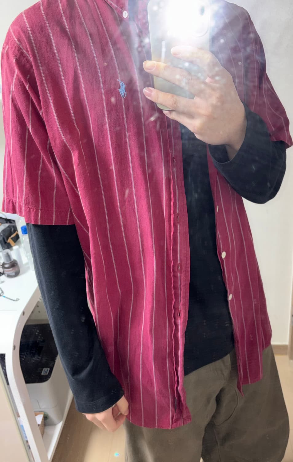 폴로 버건디 스트라이프 반팔 셔츠 상품이미지1