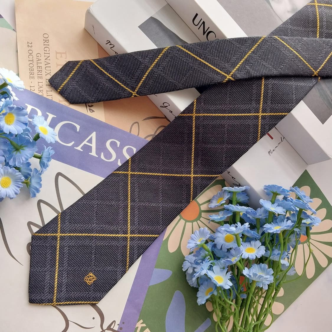 루이까또즈 실크 블랙 체크 넥타이 7.7cm A+등급 K2496 상품이미지2