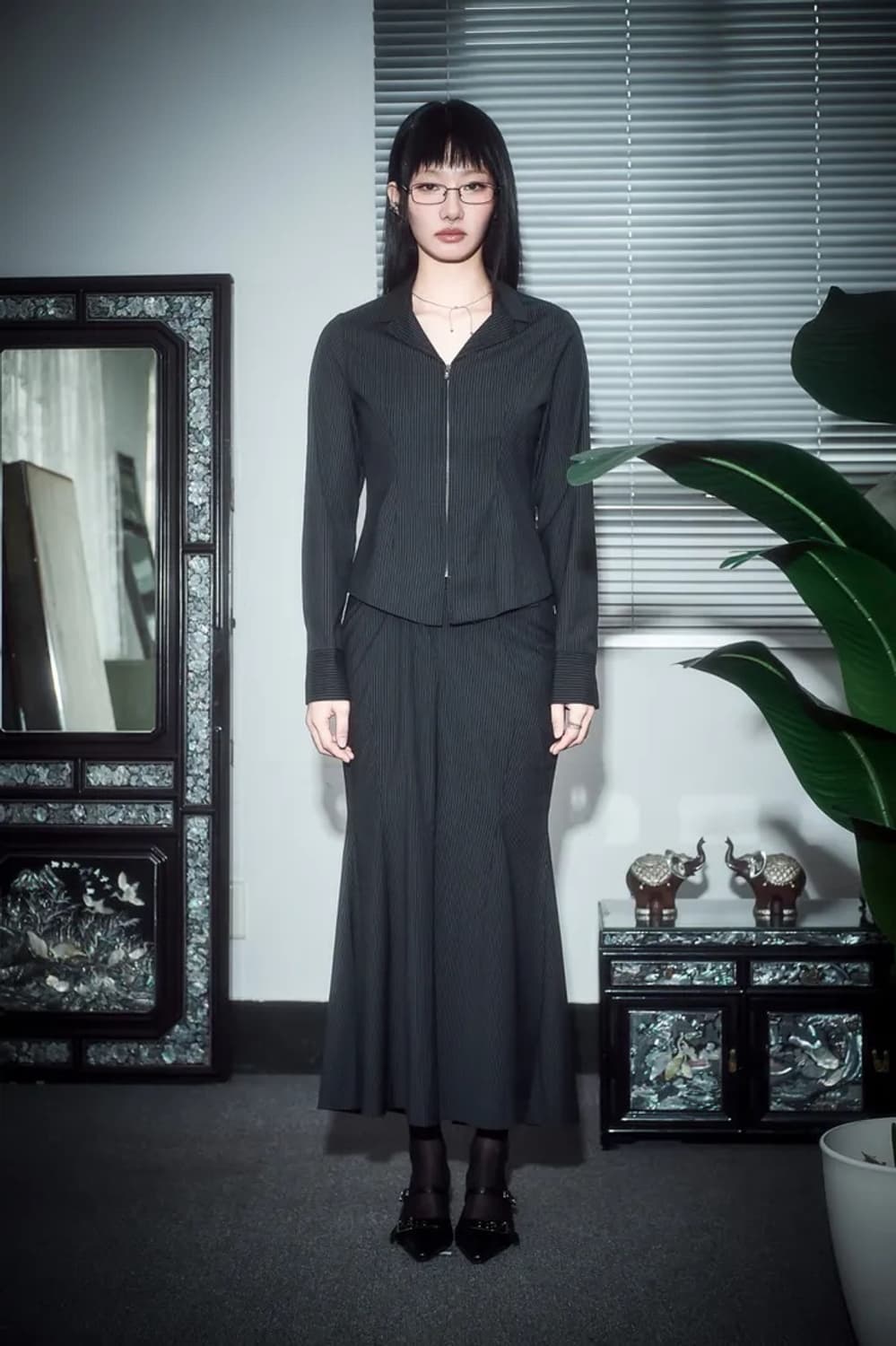 디어미 오피스 롱스커트 스트라이프 스커트 오도어 상품이미지3