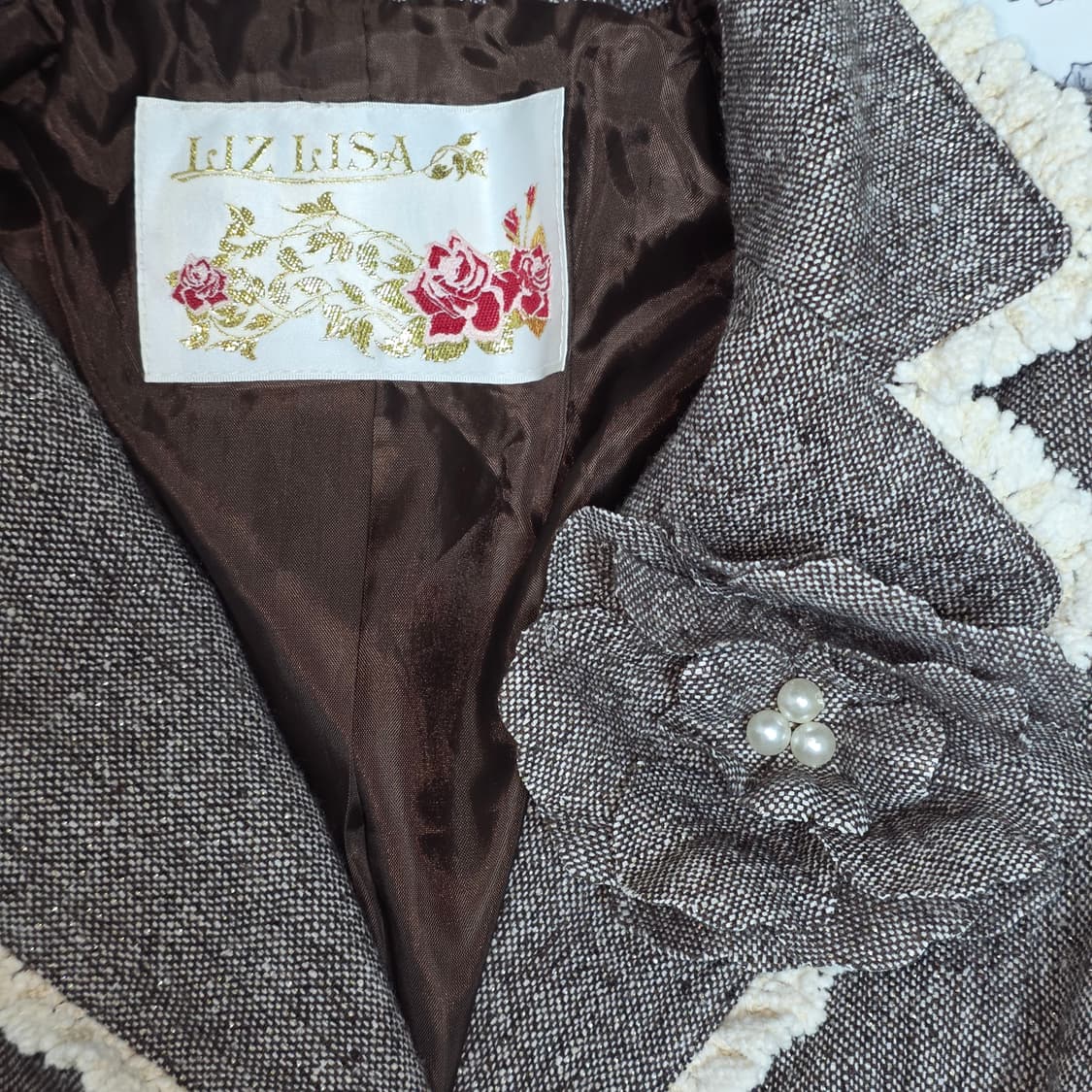 교판/고전 리즈리사)일본빈티지 트위드 라떼히메갸루로리타 코사지 자켓마이 상품이미지3