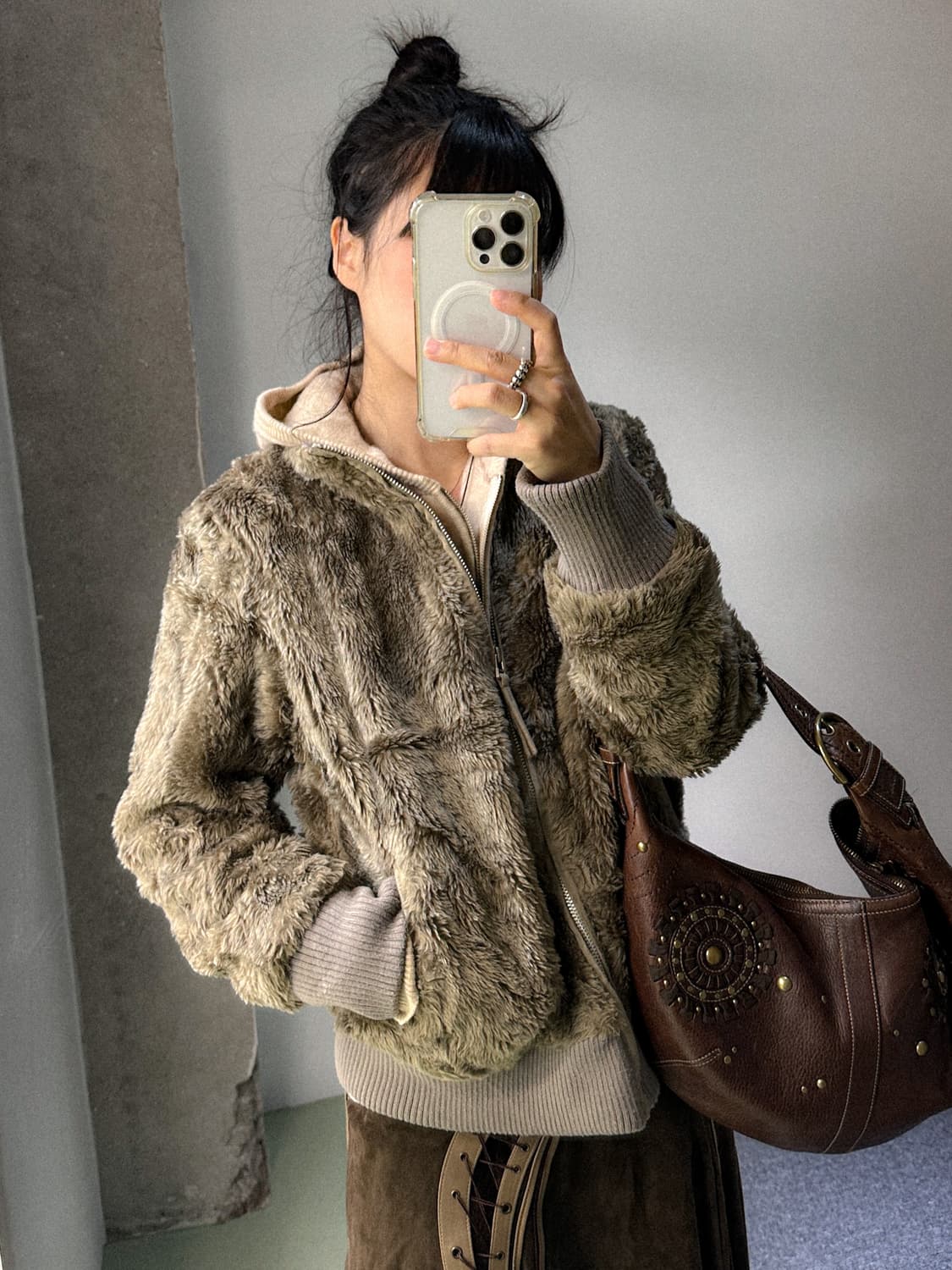 beige brown fur zip jacket 상품이미지3