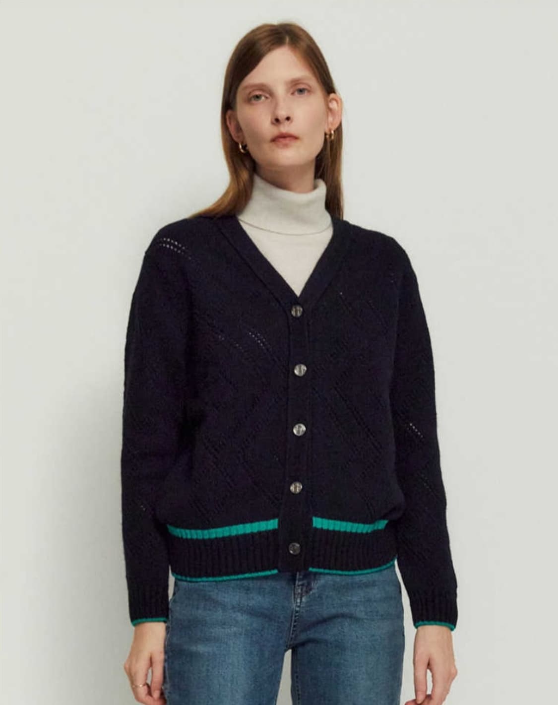 헤지스 라인배색 캐시미어혼방 울니트 가디건 66사이즈 상품이미지3