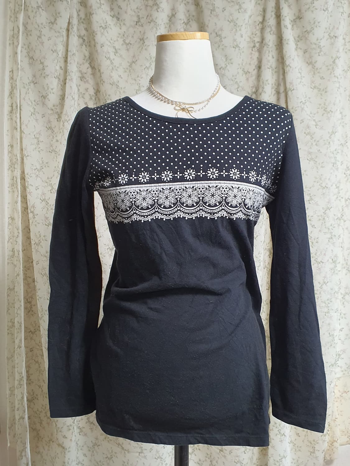 [일본빈티지] 너드모리 블랙 도트 레이스 긴팔 티셔츠 상품이미지1