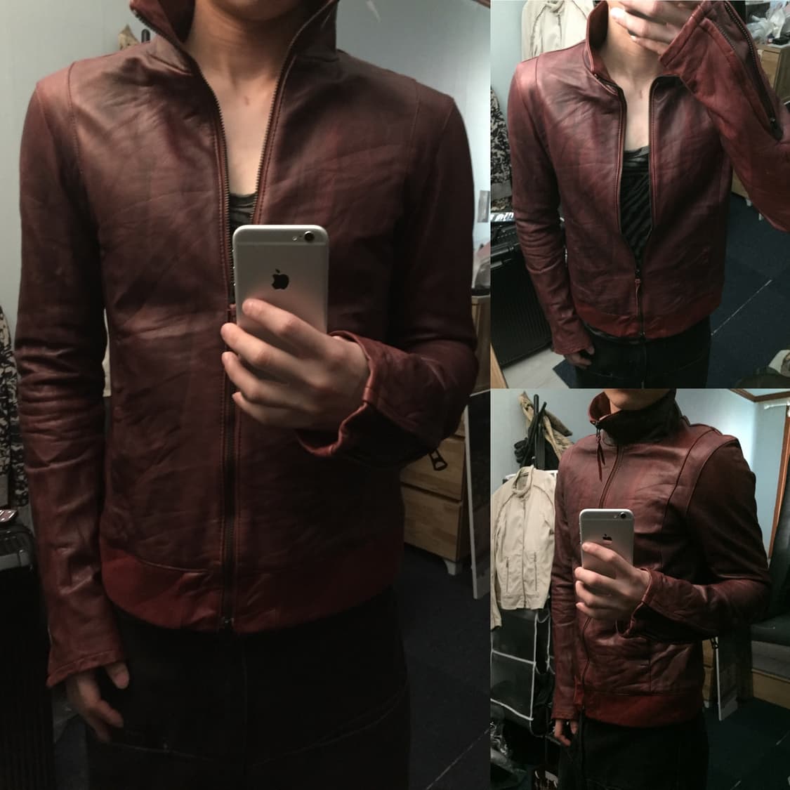 일본 아카이브 버건디 슬림 레더 자켓 상품이미지1