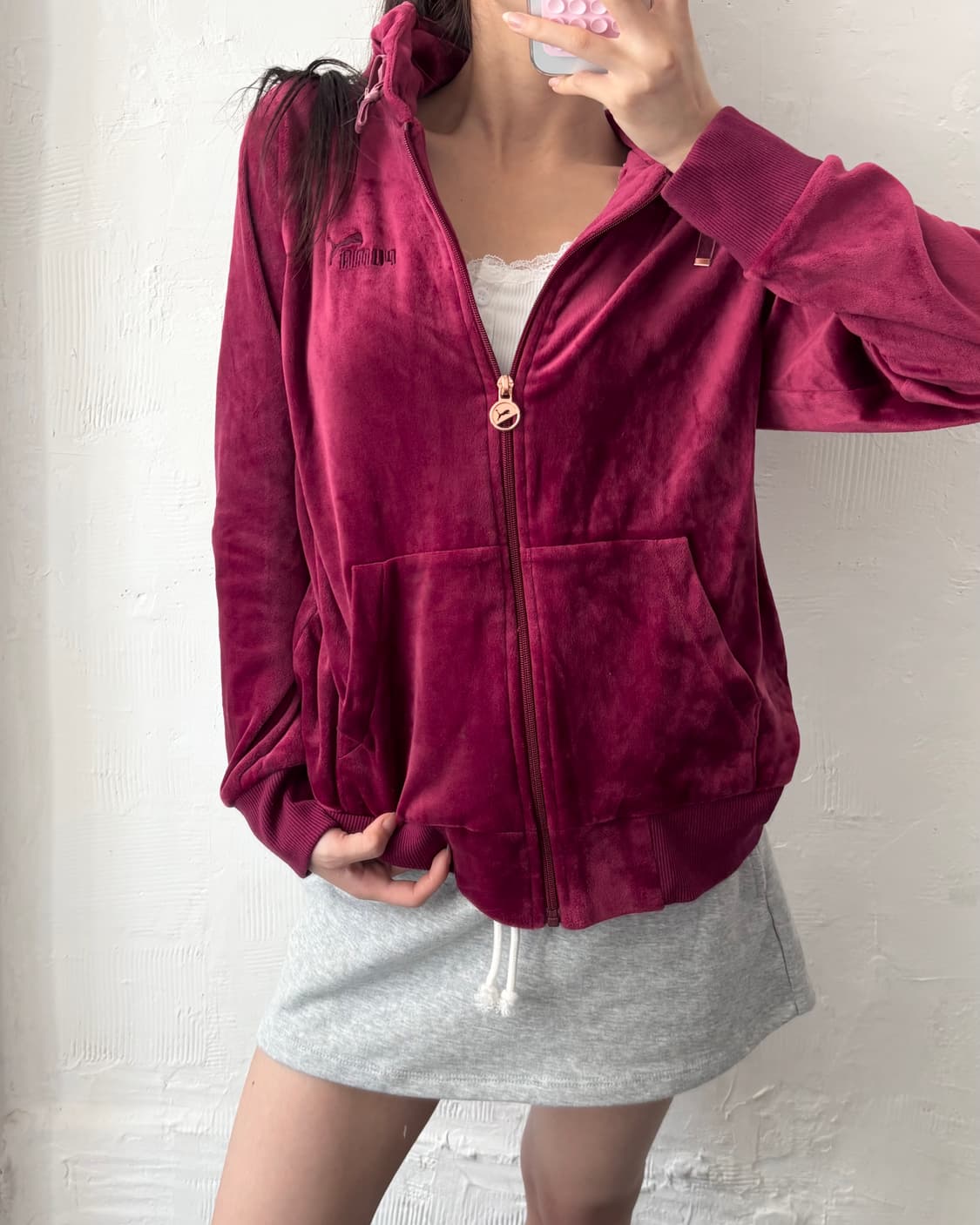Puma 퓨마 버건디컬러 벨벳 후드집업 상품이미지2