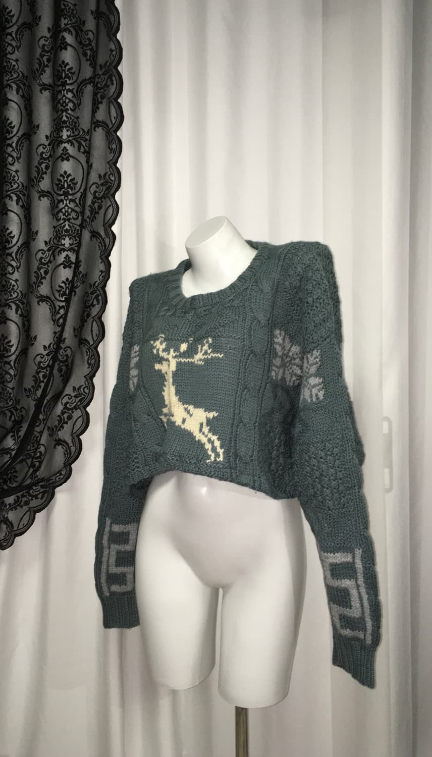 Vintage 커스텀 크롭 사슴 꽈배기 자수니트 틸블루 터콰이즈 청록 상품이미지5