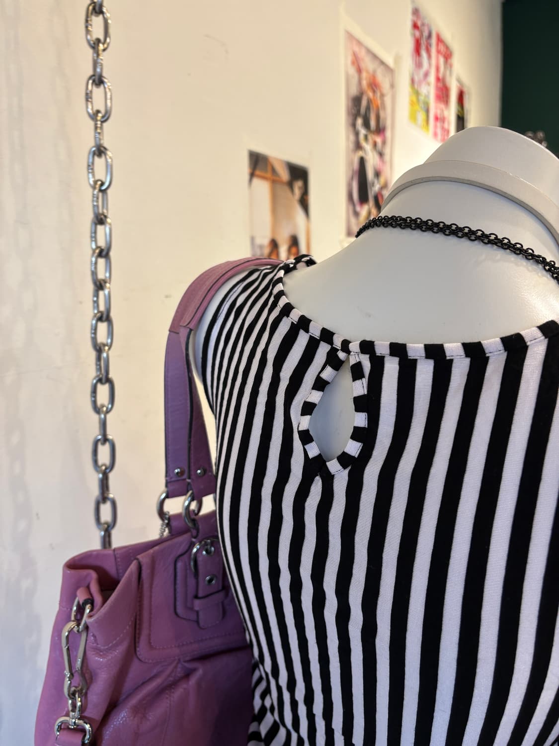 블랙 화이트 스트라이프 패턴 레이스 셔링 원피스 갸루 상품이미지3