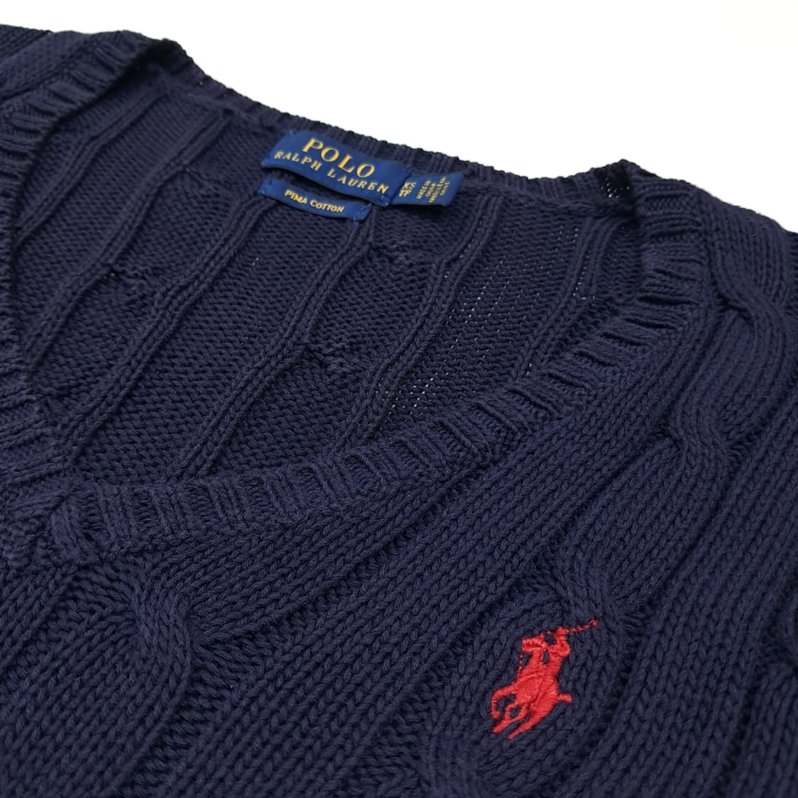 CK005 XS 폴로 피마코튼 브이넥 케이블 네이비 니트 스웨터 상품이미지4