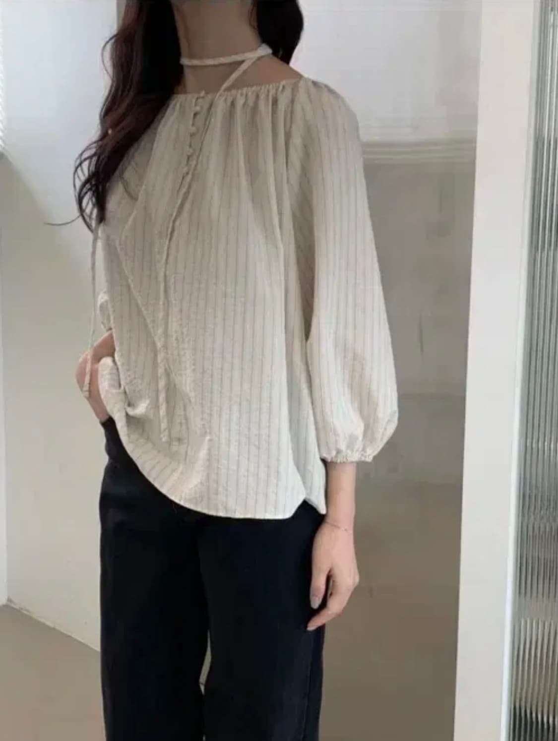 스토어오묘 오묘스토어 스트라이프 버튼 블라우스 상품이미지2