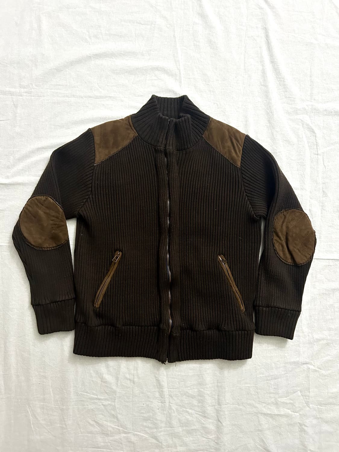 스웨이드패치 브라운 니트 집업자켓 상품이미지1
