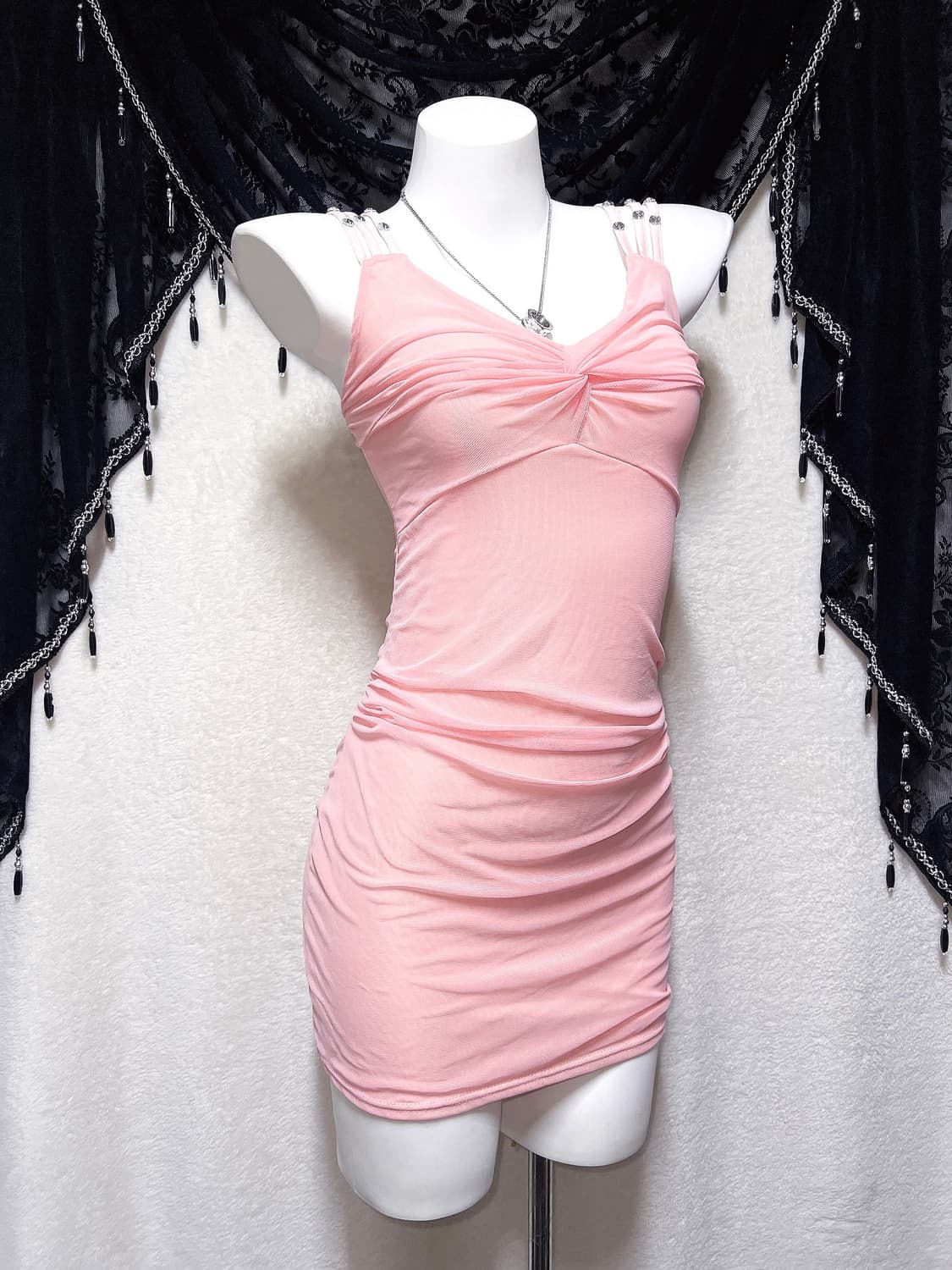 히메갸루 로맨틱 로걀 핑크 셔링 비즈 미니원피스 섹시 러블리 슬립 핀터깔 상품이미지3