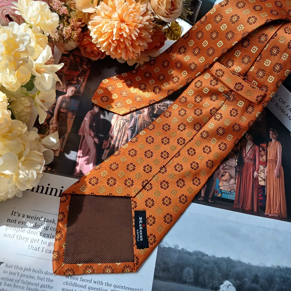 키톤 실크 오렌지 플라워 자수 넥타이 9.5cm S~A+등급 e905 상품이미지5