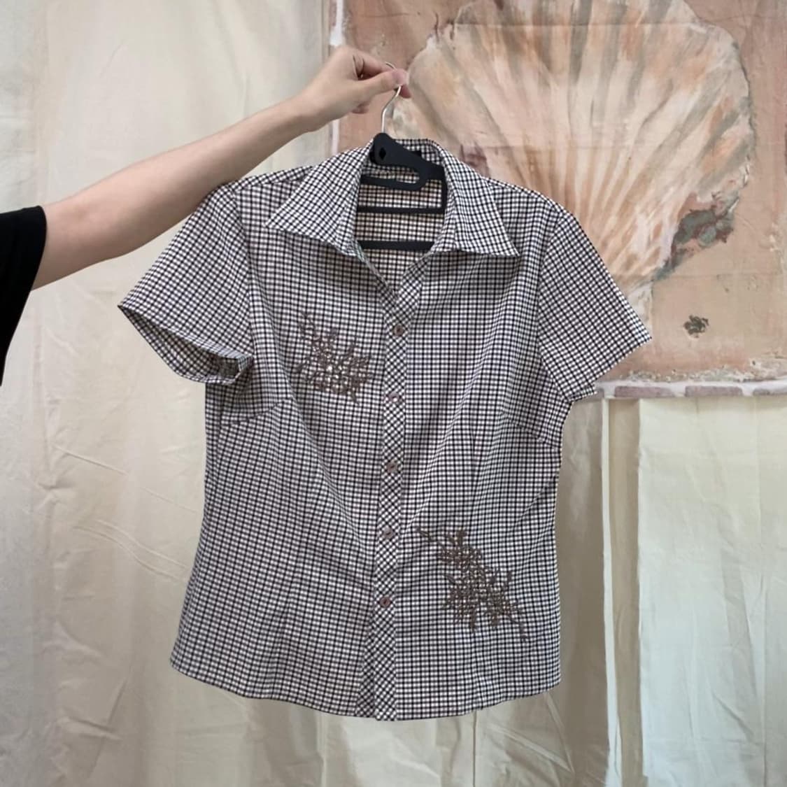 브라운 깅엄 체크 플라워 큐빅 셔츠 상품이미지1