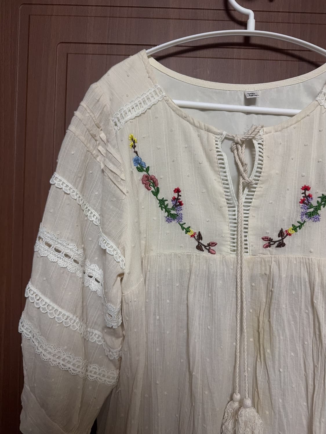 모리걸 하구미 아오이유우 빈티지 아이보리 꽃 자수 레이스 도트 원피스 상품이미지2