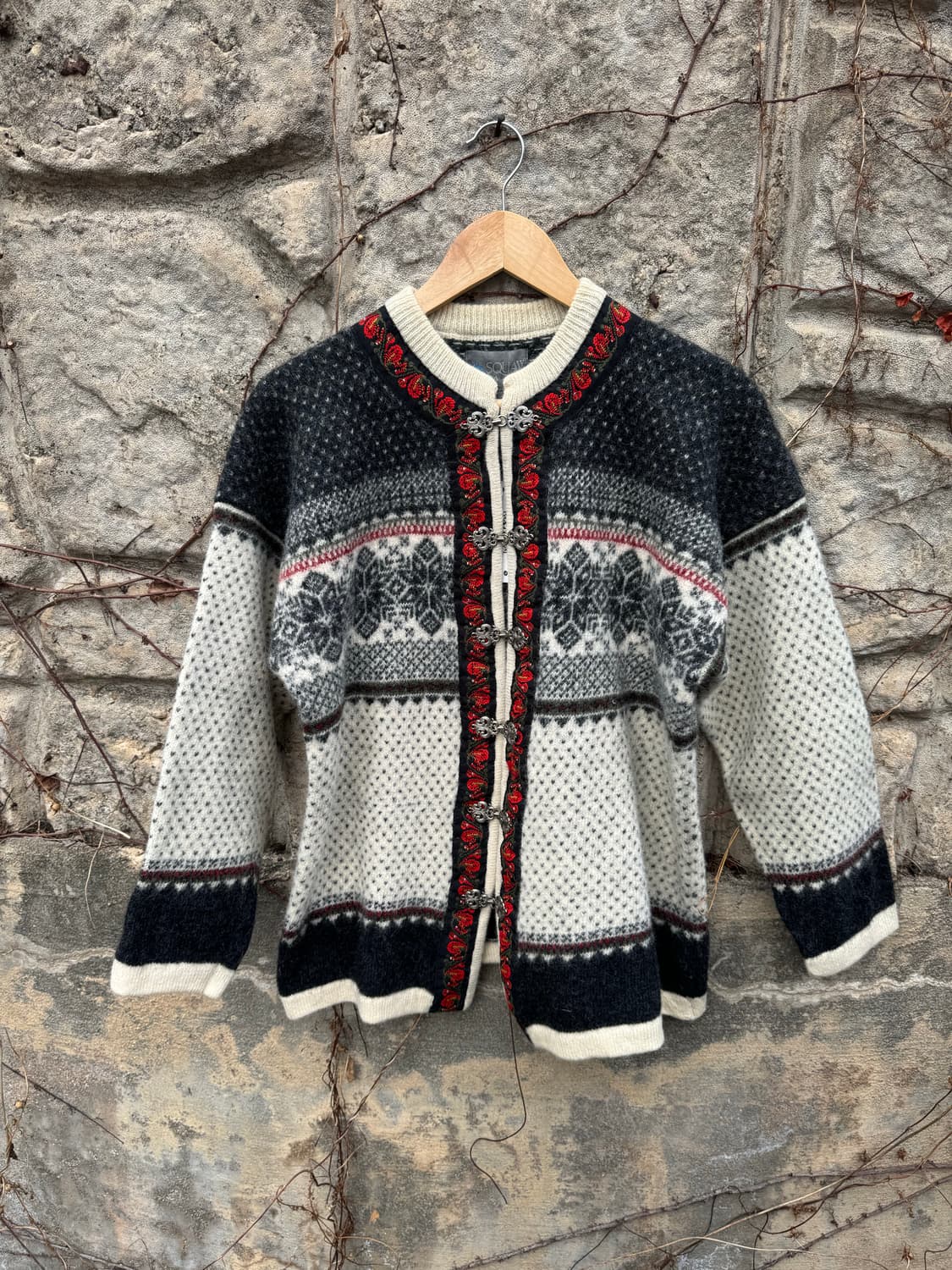 80s 스쿼 밸리 노르딕 패턴 빈티지 후크 울 니트 가디건 L 상품이미지1