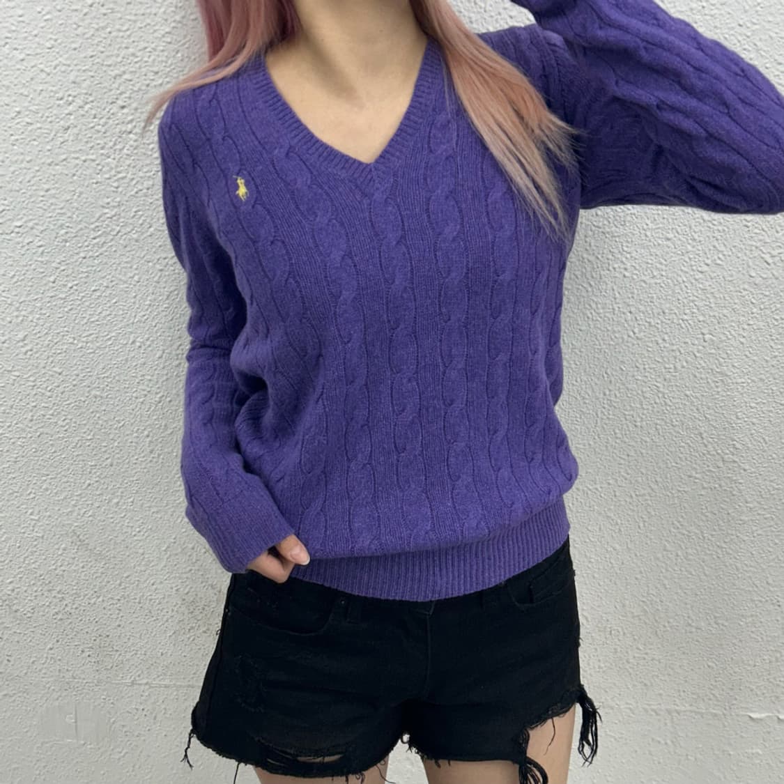 폴로 랄프로렌 옐로우포니 퍼플 꽈배기 브이넥 니트 S 상품이미지1