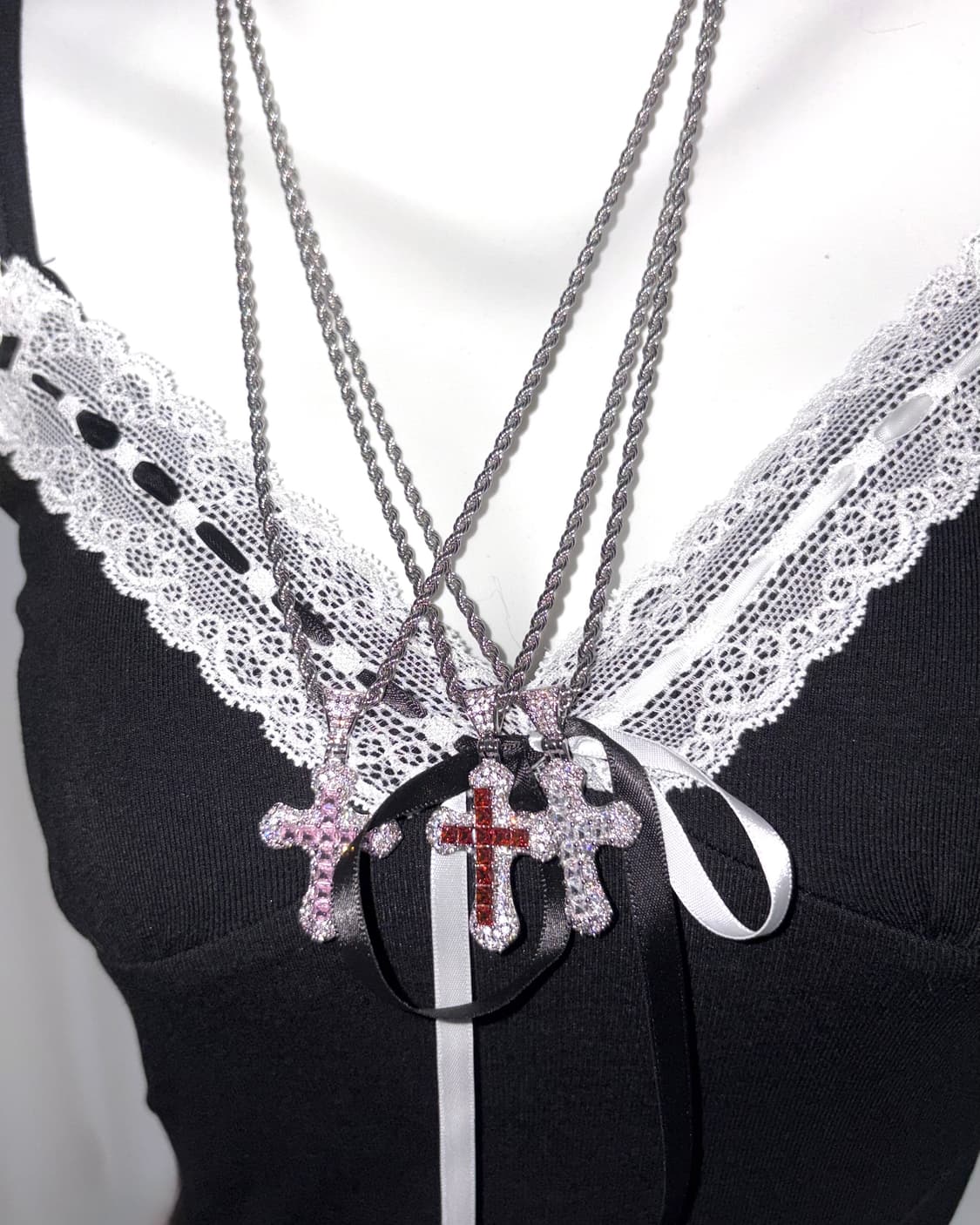 (써지컬)큐빅 지르콘 십자가 써지컬스틸 체인 갸루 키치 목걸이 상품이미지4