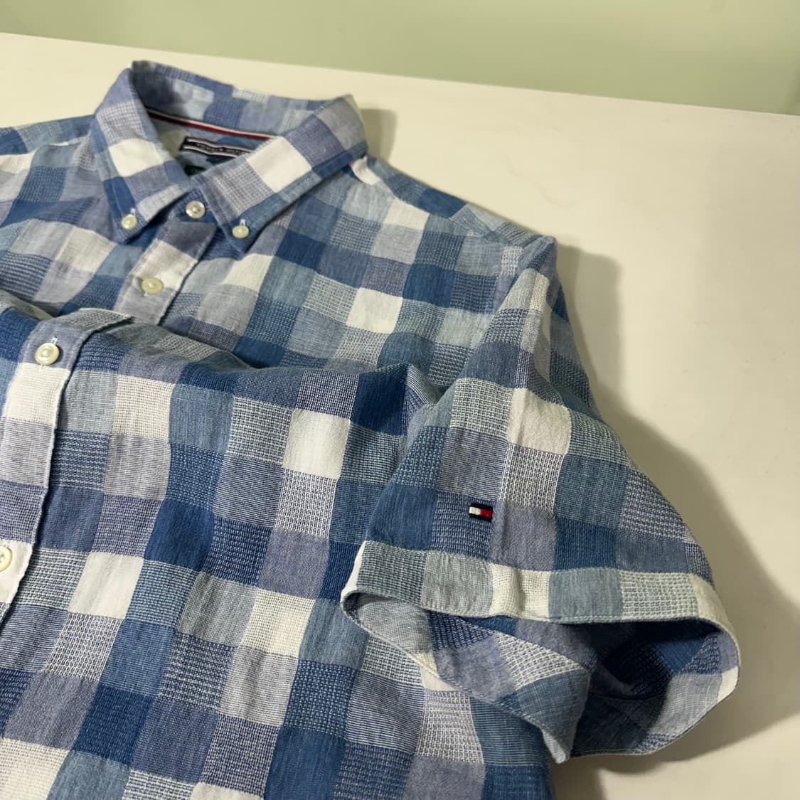 95 M-L 타미힐피거 윈도우체크 반팔린넨셔츠 상품이미지1