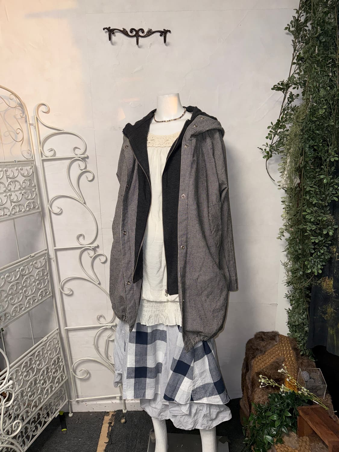 Black & white check hood field coat 상품이미지5