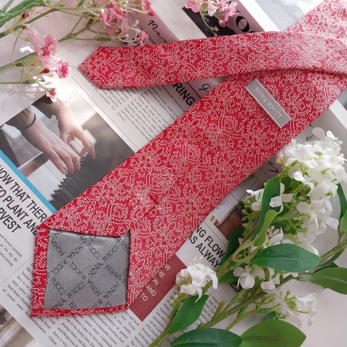 니나리치 실크 레드 페이즐리 플라워 넥타이 9.3cm A+등급 K2405 상품이미지5