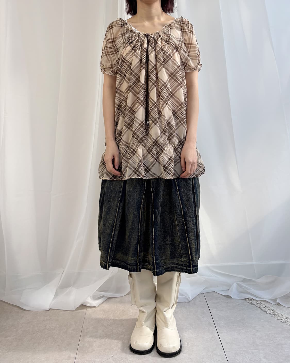 pozzetta 너드 바이러스 체크 롱 반팔 블라우스 상품이미지10