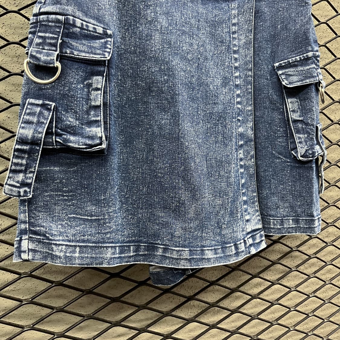 JPN VINTAGE 데님 숏 팬츠 랩 스커트 카고 뒷밴딩 진청 치마바지 상품이미지5