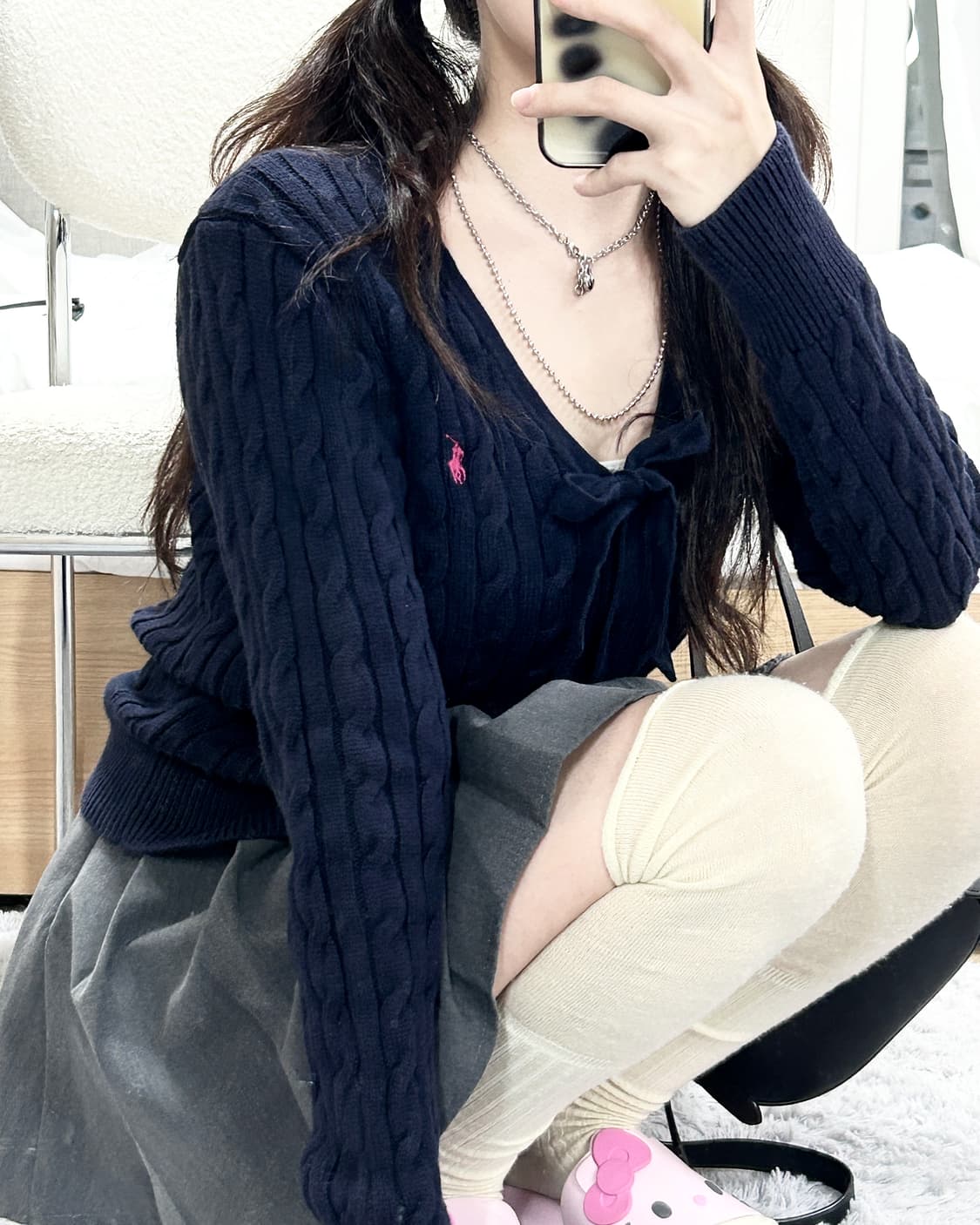 폴로 핑크포니 네이비 리본 케이블 가디건 상품이미지5