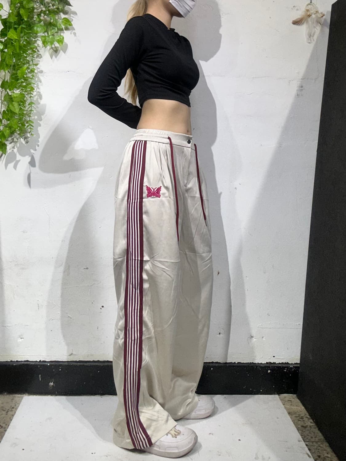 일본 빈티지 베이지 버건디 사이드 라인 와이드 트랙 팬츠 추리닝 바지  상품이미지1