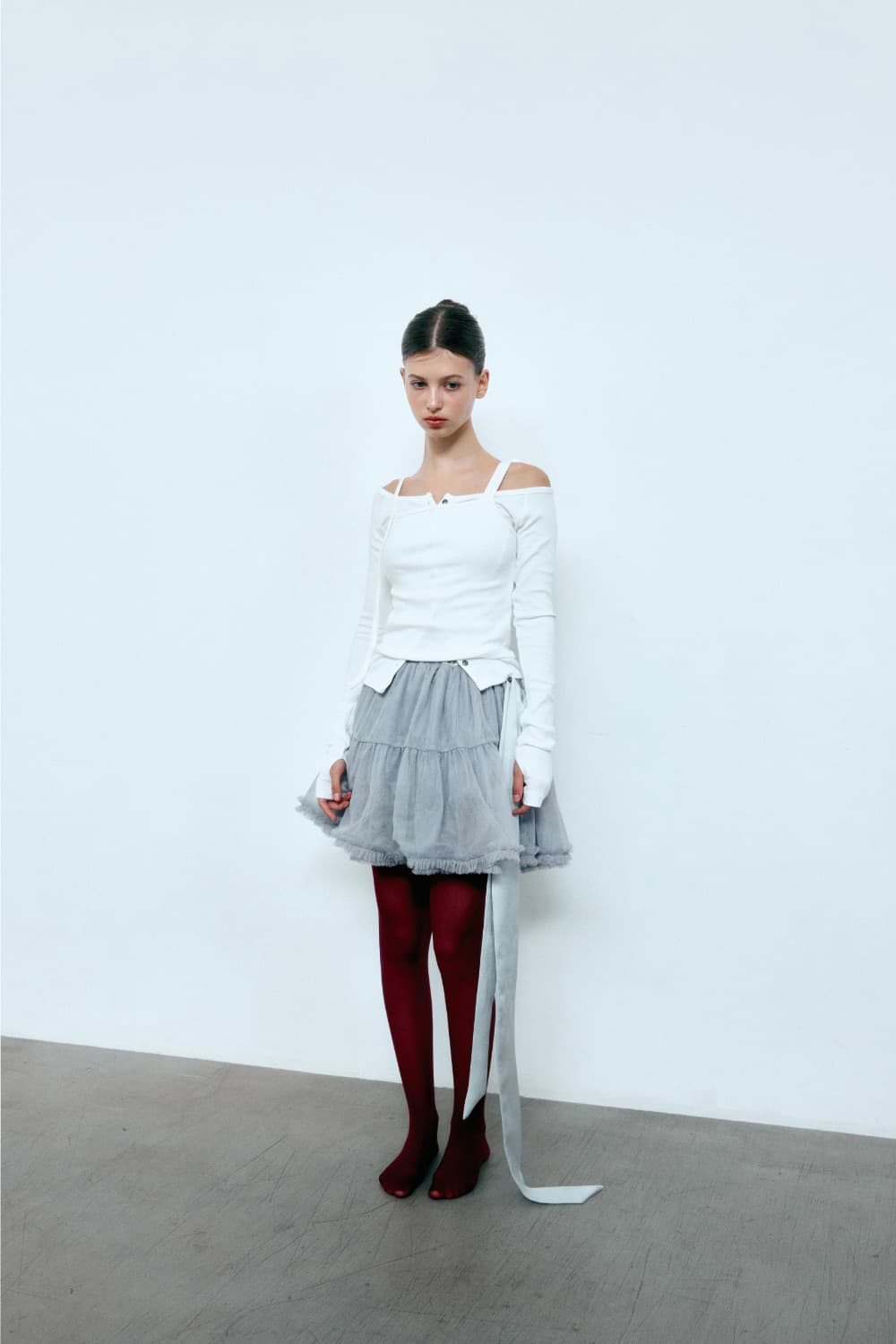 [새상품] 더오유 쉬폰 실키 타이 스커트 그레이 상품이미지5