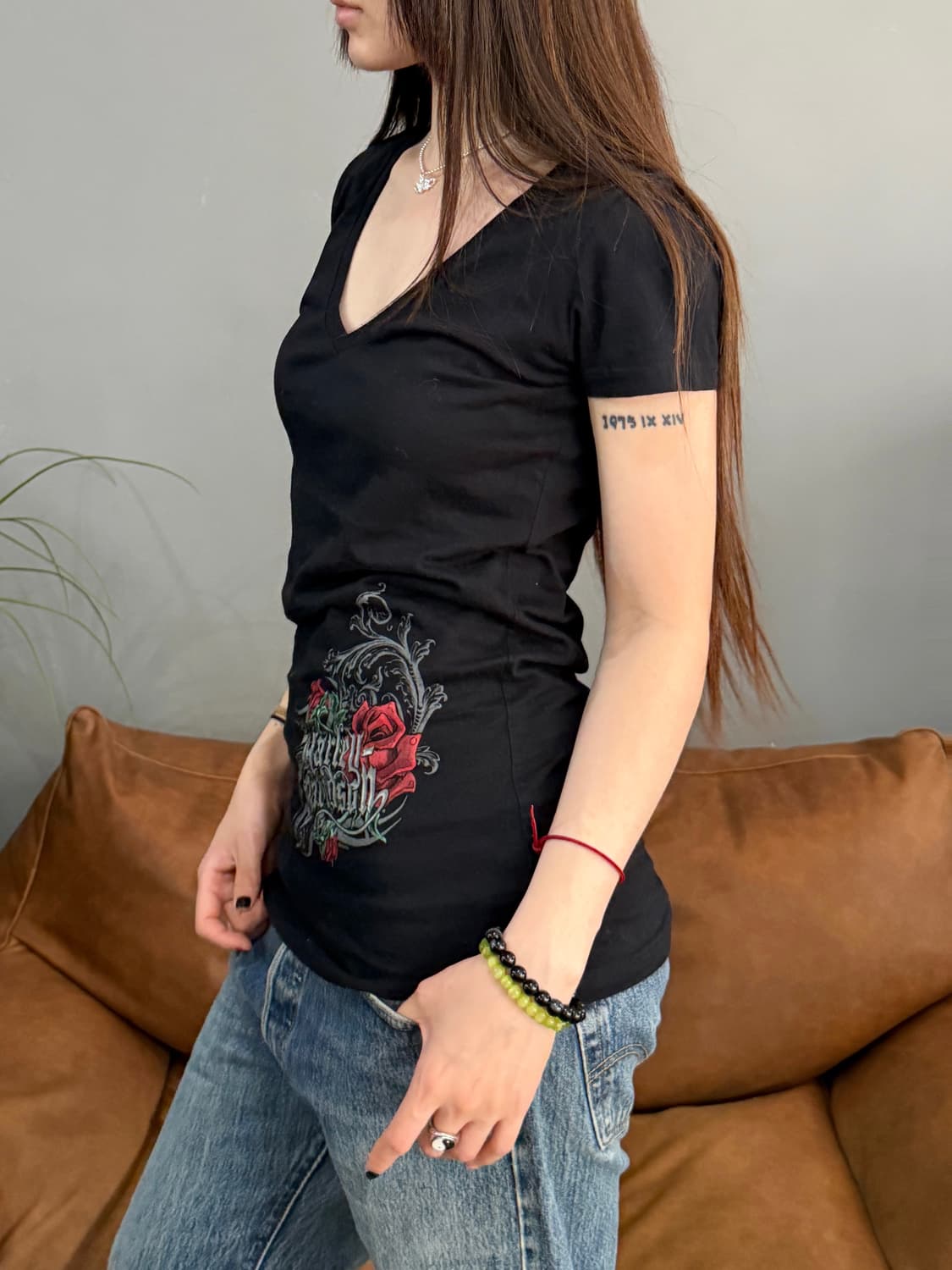 00’s 빈티지 할리데이비슨 블랙 브이넥 반팔티 상품이미지2