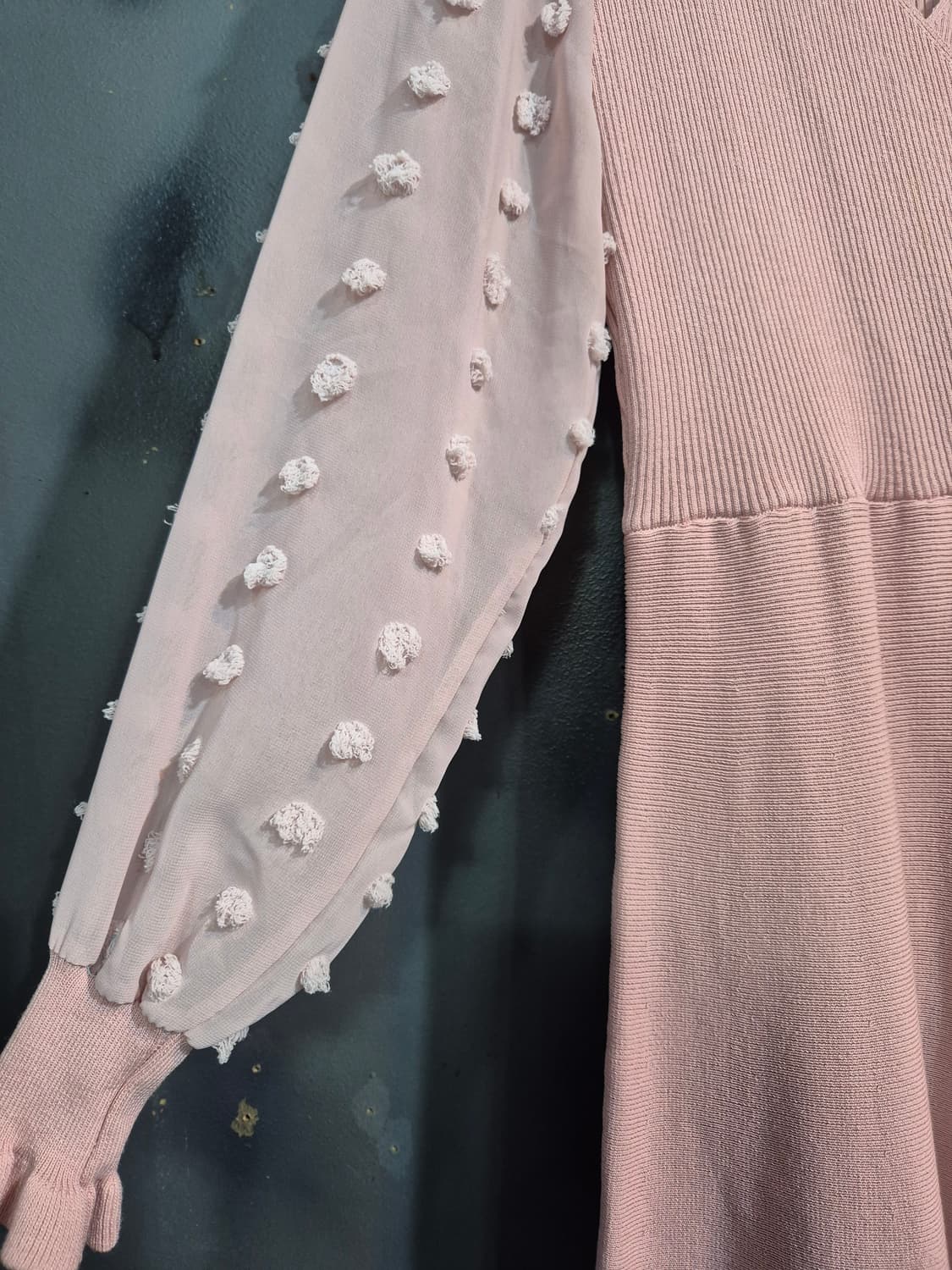 핑크 니트 롱 원피스 시스루 도트 소매 S 상품이미지5