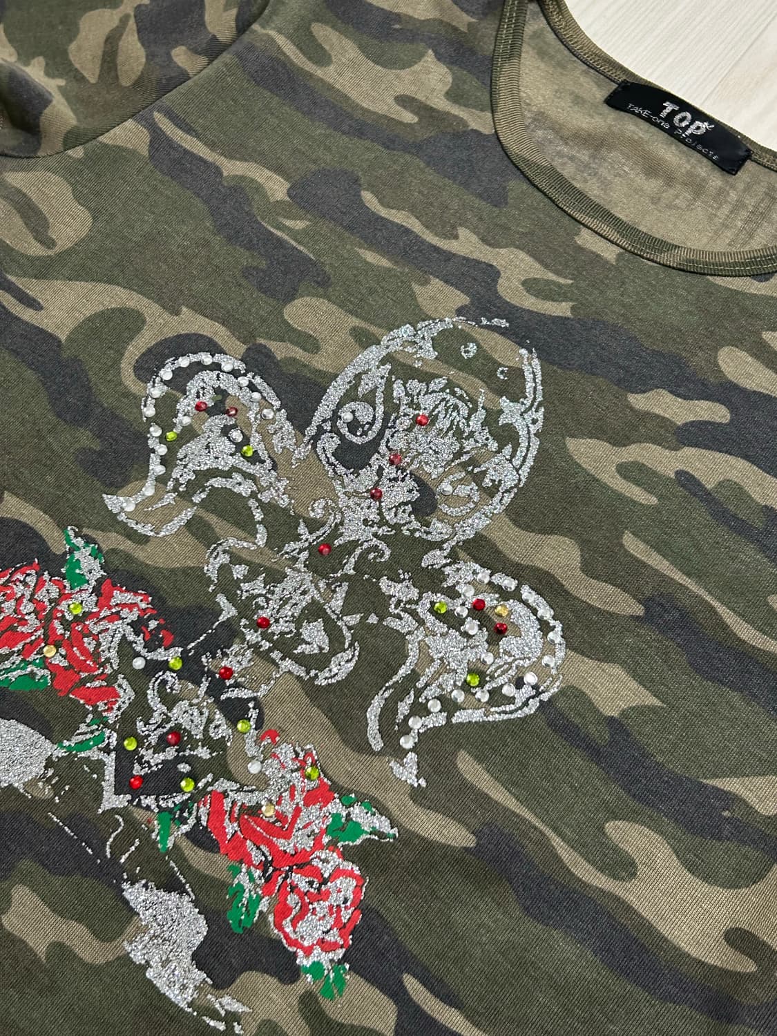 빈티지 y2k 카모 오리엔탈 큐빅 반팔 탑 상품이미지2