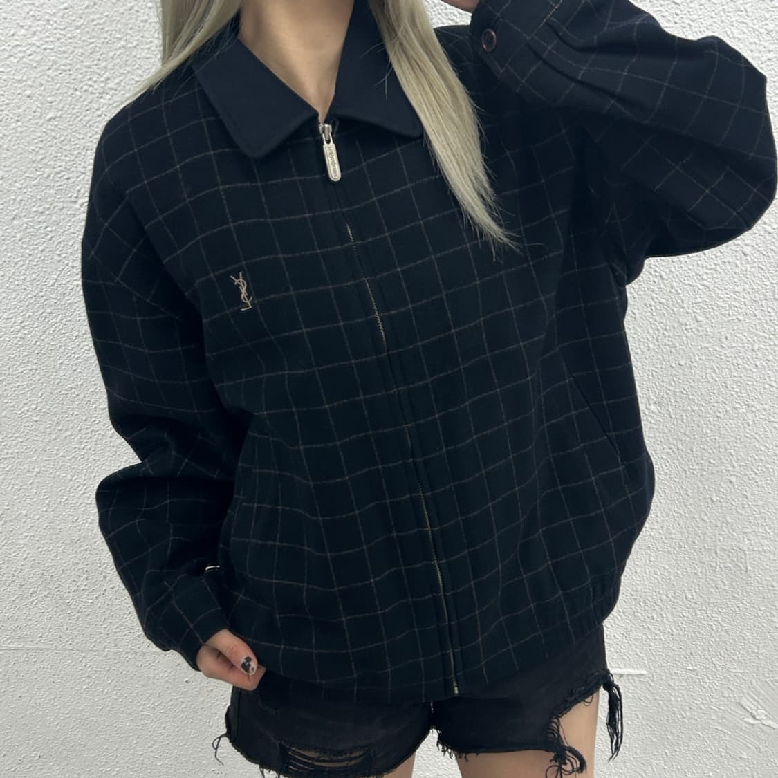 입생로랑 네이비체크 카라 울 자켓 100 상품이미지1