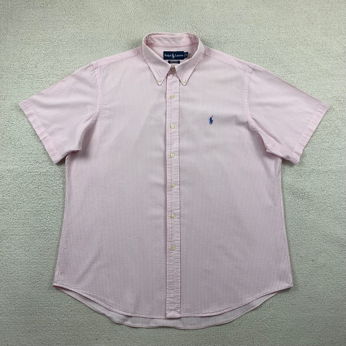 폴로 랄프로렌 포니로고 커스텀핏 시어서커 핑크 스트라이프 하프셔츠 상품이미지1