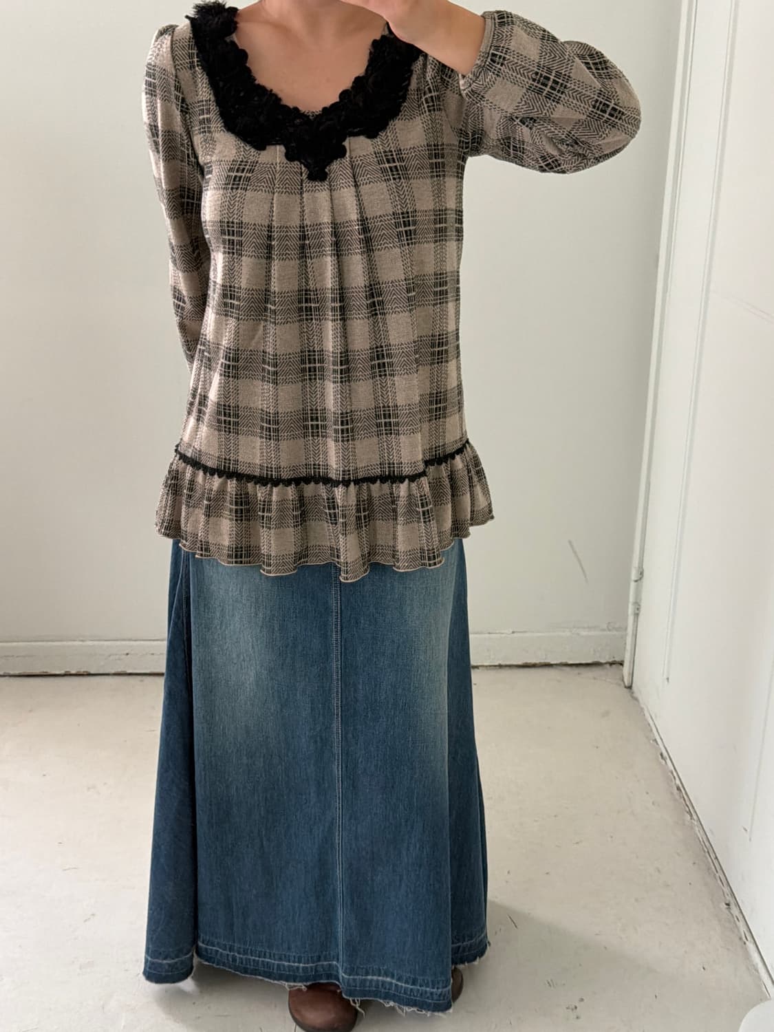 일본빈티지 엑시즈팜 체크 프릴 블라우스 상품이미지4