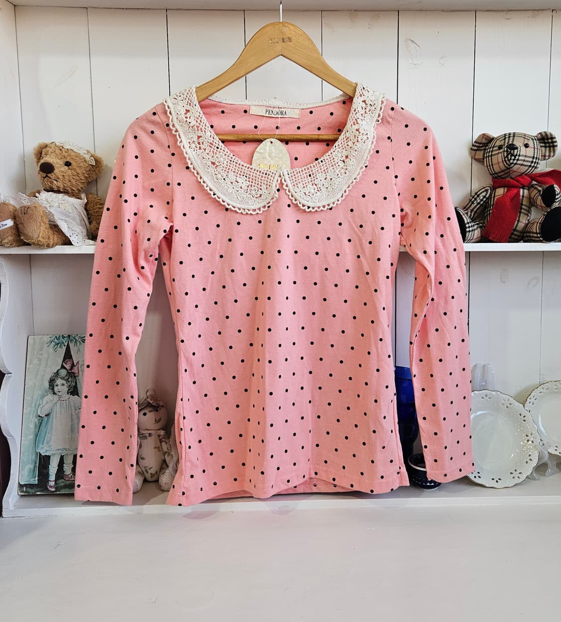 핑크 도트 레이스 카라 블라우스 상품이미지1