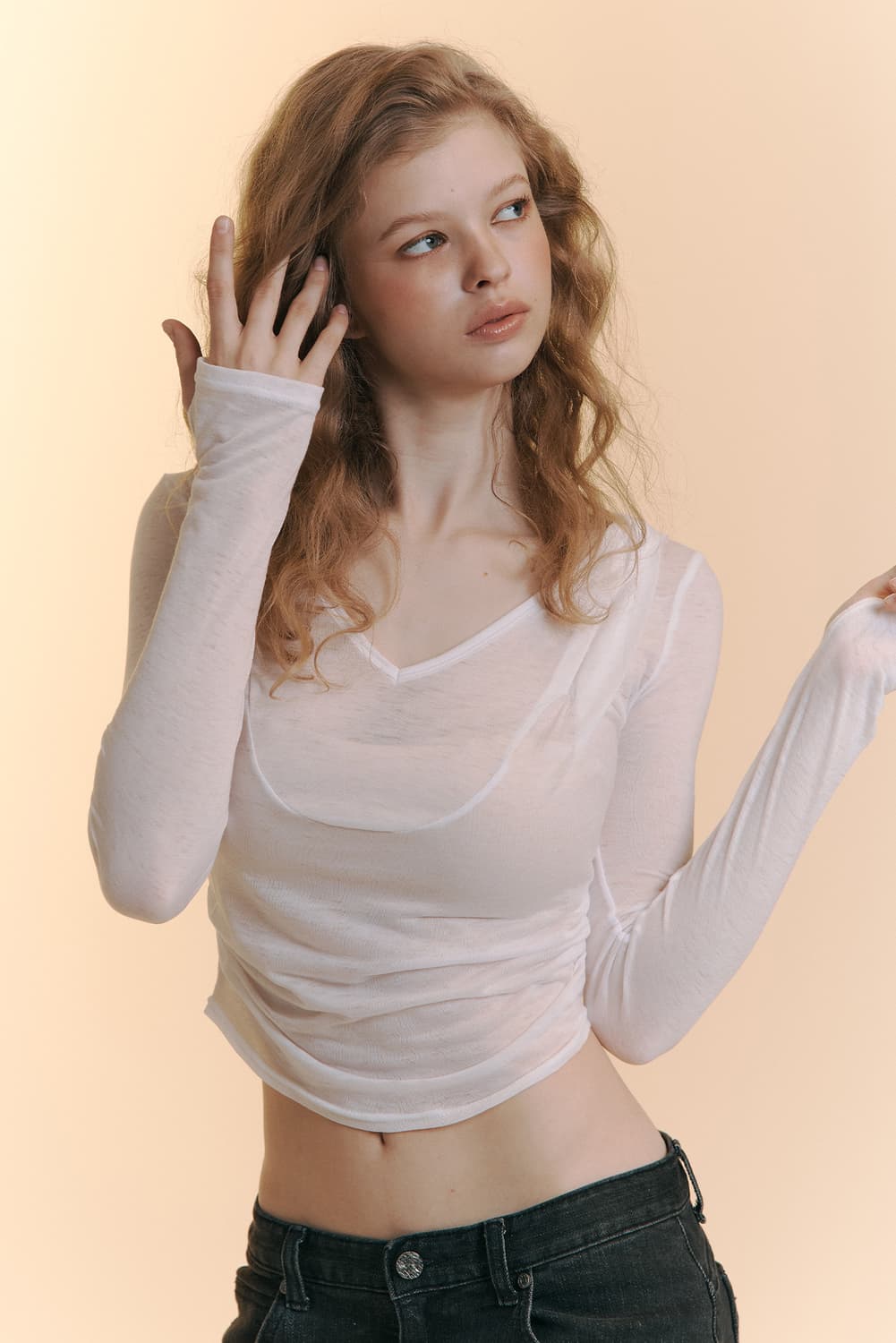 플리즈노팔로우 모아 드레이프 후디 롱슬리브 탑 화이트 상품이미지1