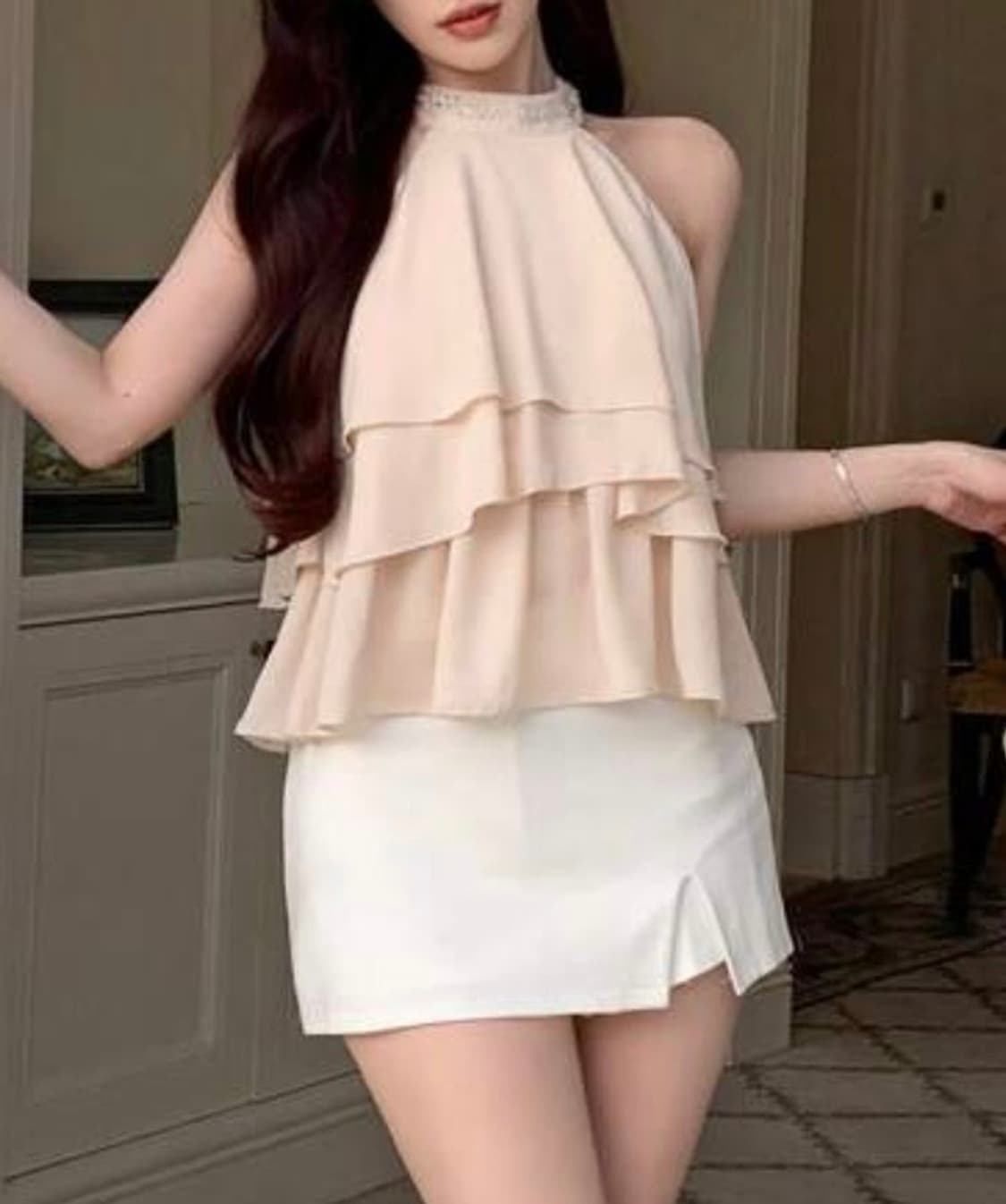 스나계 비쥬 홀터넥 프릴 오프숄더 블라우스 /오네갸루로걀걸리양산형 상품이미지4