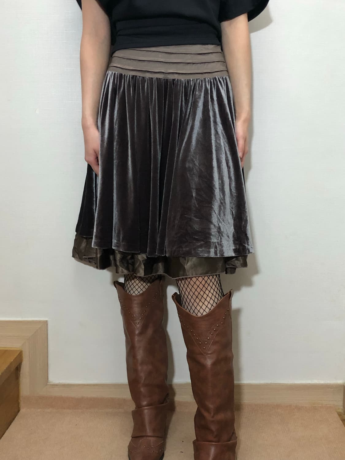 빈티지 그레이 벨벳 미디 스커트 상품이미지2