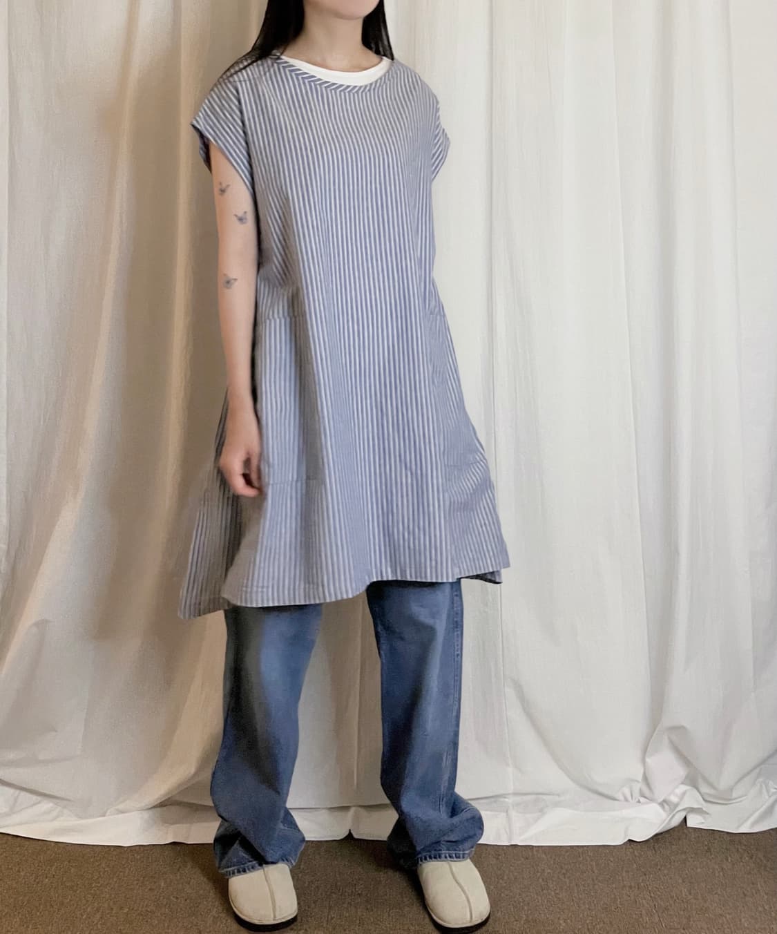 Stripe Sleeveless Wide Dress - Sky Blue 상품이미지4