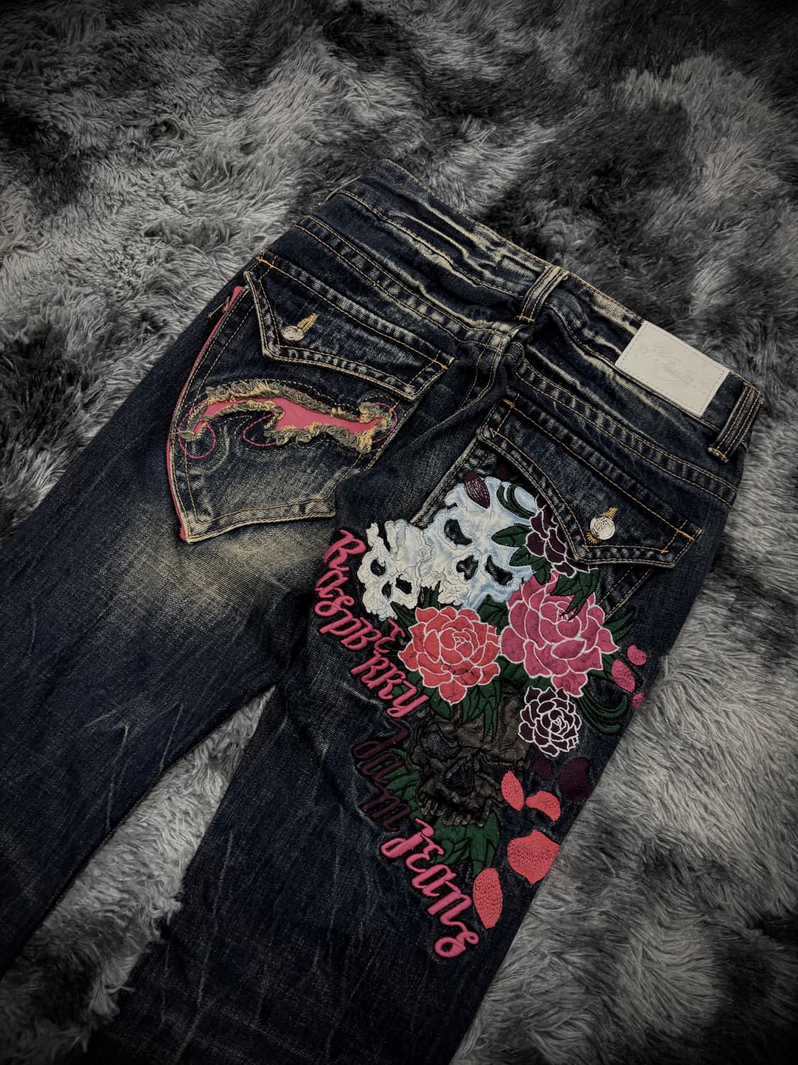 핑크 스컬 플라워 패치 부츠컷 워싱 데님팬츠 상품이미지5