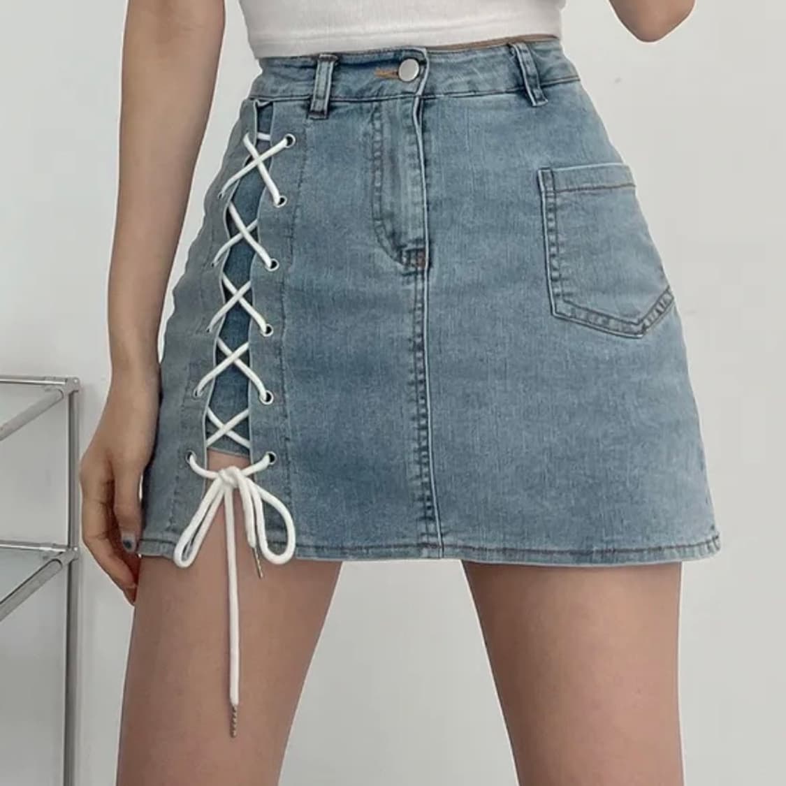 (스판,속바지O) (새상품) 코르셋 리본 끈 청 미니 스커트 상품이미지3